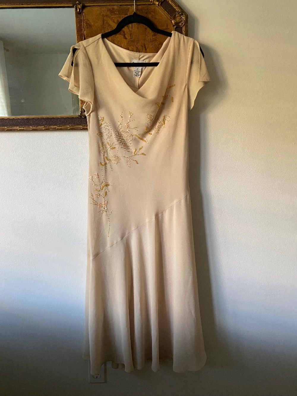 Vintage y2k Cream Bias Cut Beaded Midi Dress Boho Fairy Size 8 Cowl Neck